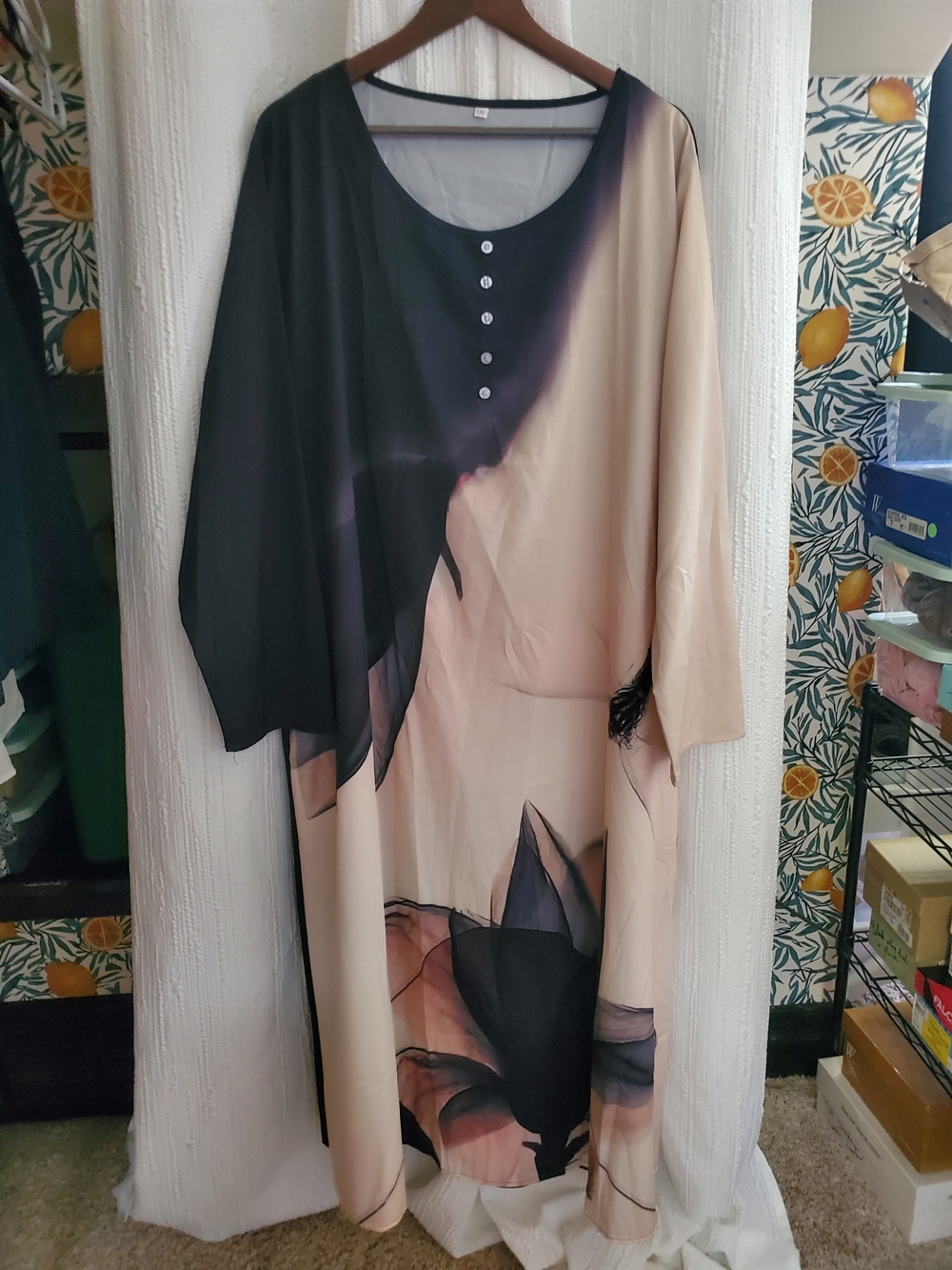 Lightwight Women 5X Elegant Two-Tone Floral Maxi Dress - Beige & Black